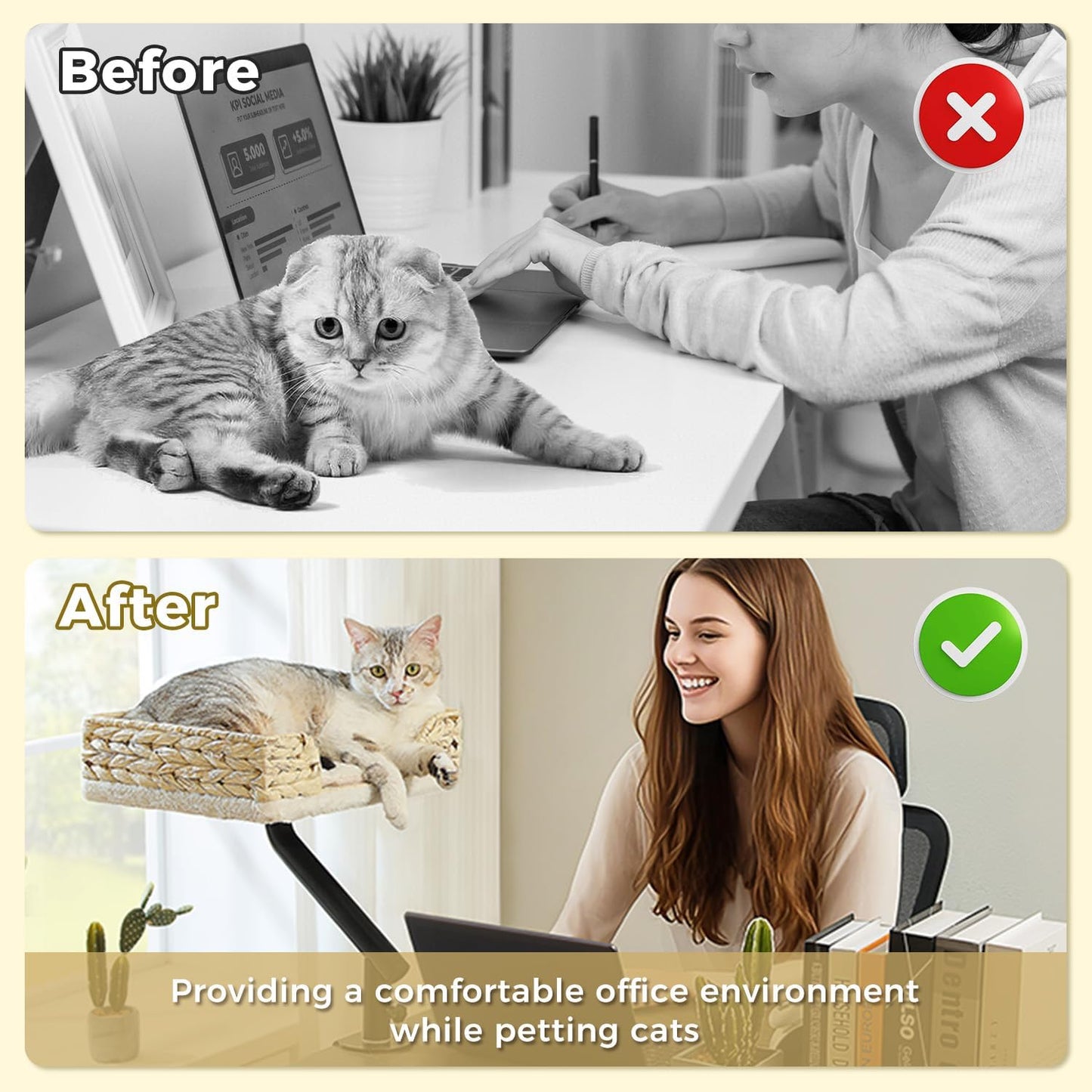 PAWZ Road Cat Desk Bed for Indoor Cats, Wicker Cat Bed for Desk Supports Up to 50 lbs, 360° Rotation & Adjustable Soft Plush Cats Hammock for Desktop, White