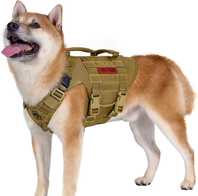 OneTigris Large Tactical Dog Harness, No Pulling Adjustable Dog Vest Harness, Heavy Duty Dog Harness with Handle, Large Hook and Loop Panels for Patch(Brown,S)