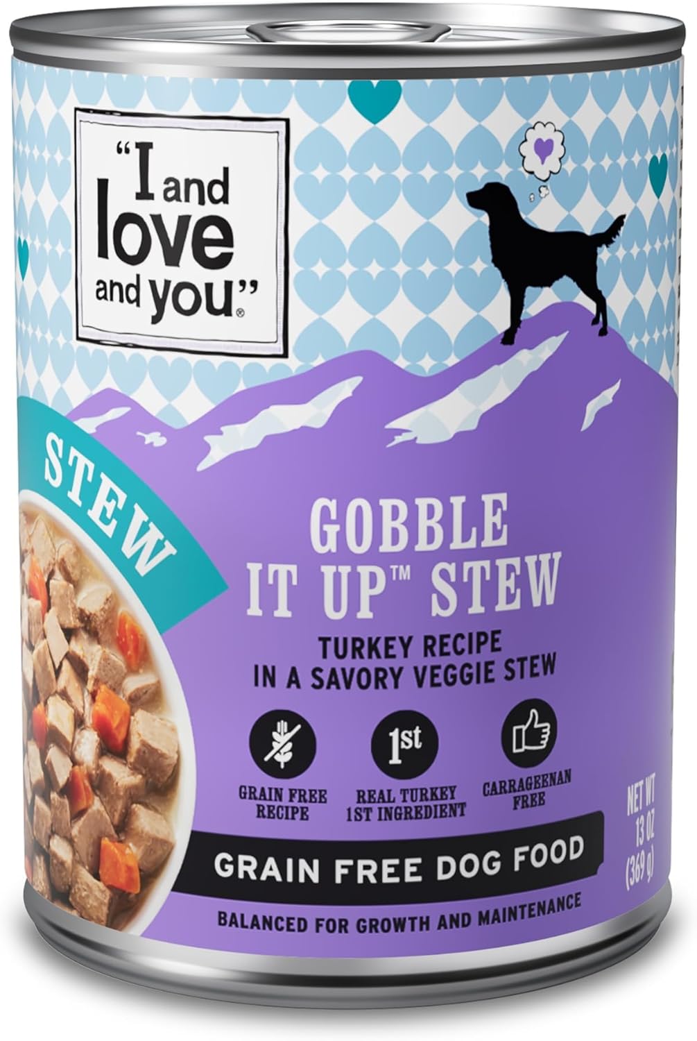 I AND LOVE AND YOU Wet Dog Food - Gobble It Up Stew - Turkey Recipe, Grain Free, Filler Free 13oz can, 12pk