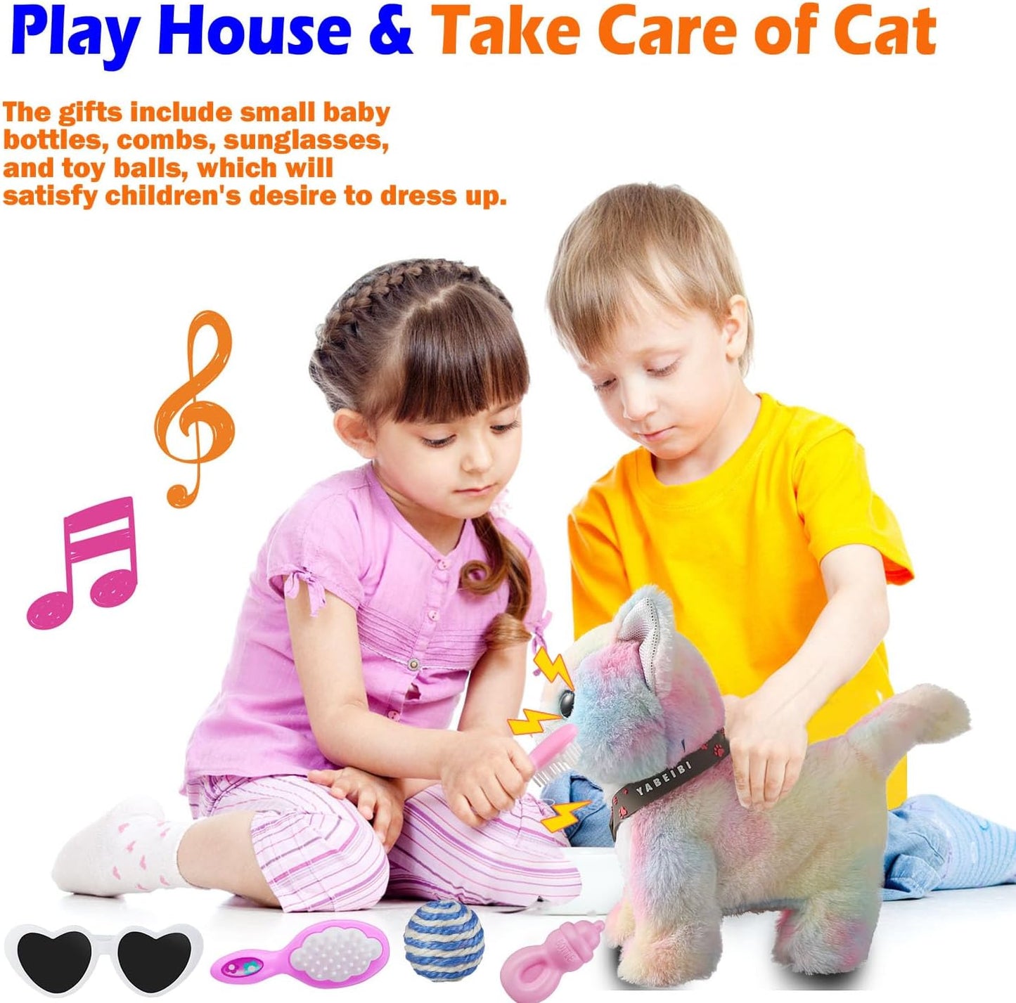 Colorful Leash Walking Cat Set Singing That Purrs and Meows Animated Plush Robot Kitten Moving Plush Realistic Stuffed Animal Remote Control Cute Kawai Robotic Kitty Toy for Girl