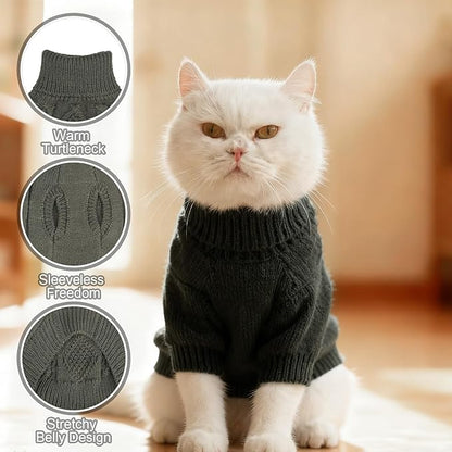 BINGPET Cat Sweater,Thermal Knitted Kitten Clothes Winter Coat,Classic Knit Turtleneck Cat Sweaters for Cats Only,Warm Pet Clothes for Kittens & Small Dogs Puppy Boy Girl Indoor Outdoor(Grey,L)