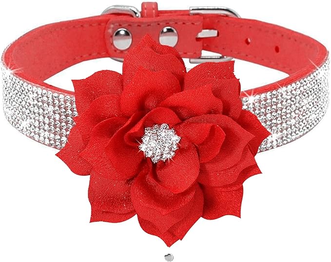 Rhinestone Dog Collar, Cute Dazzling Sparkling Soft Suede Leather Adjustable Pet Dog Cat Collar Crystal Diamond for Puppy Small Medium Large Dogs (XXS:15.5-21cm, Red-6)