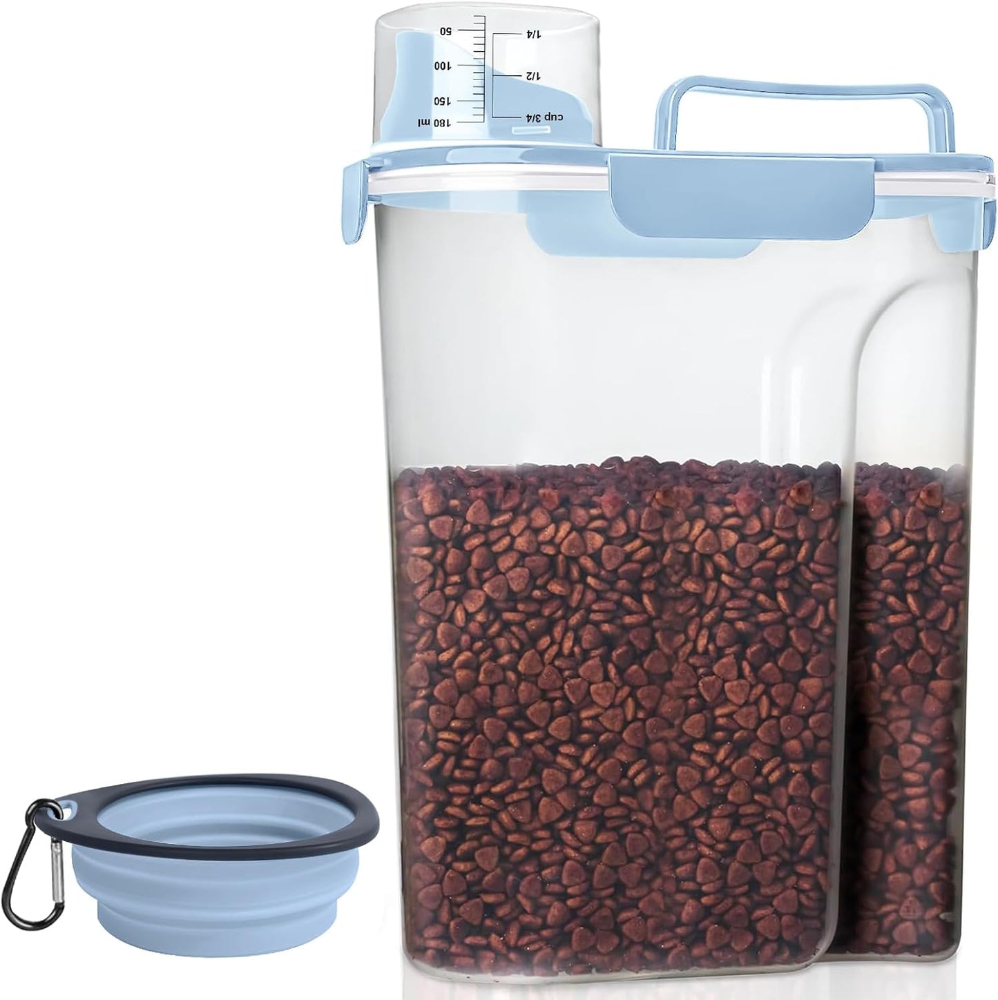 5-7Lbs Small Cat Dog Food Storage Containers BPA Free, Airtight Pet Food Storage Containers with Large Pour Spout/1 Measuring Cup/ 4 Safety Locks and double-layer silicone strip (Elegant Blue)