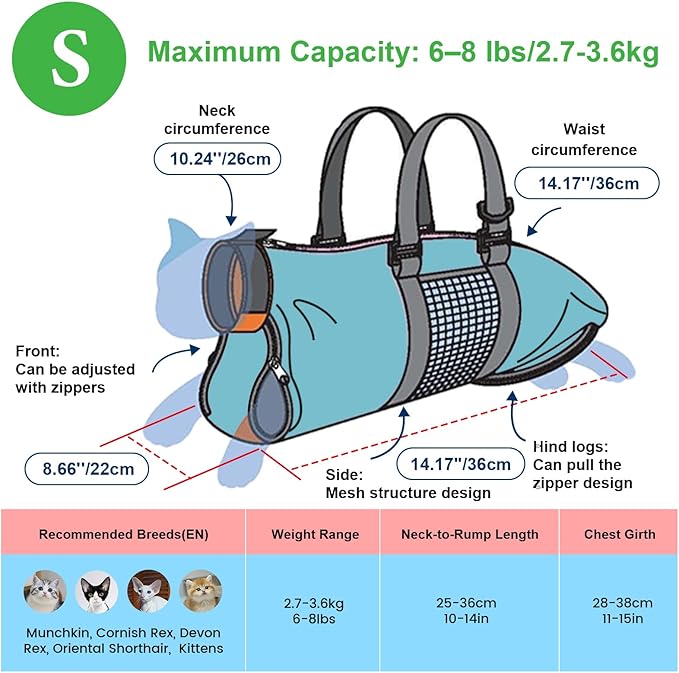 Cinf Cat Nail Clipping Cleaning Grooming Restraint Bag No Scratching Biting for Bathing Nail Trimming Injecting Examining(Blue,S)