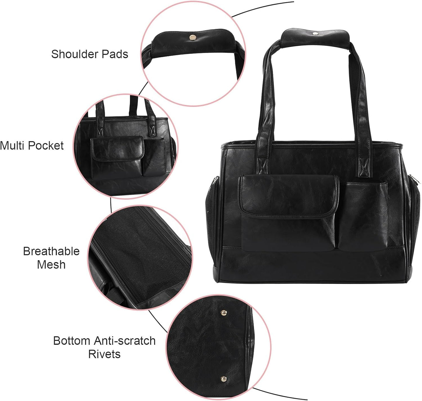 Dog Carrier Purse, Fashion Leather Pet Carrier Bag, Airline Approved Soft Sided Cat Travel Tote Bag with Pockets Black