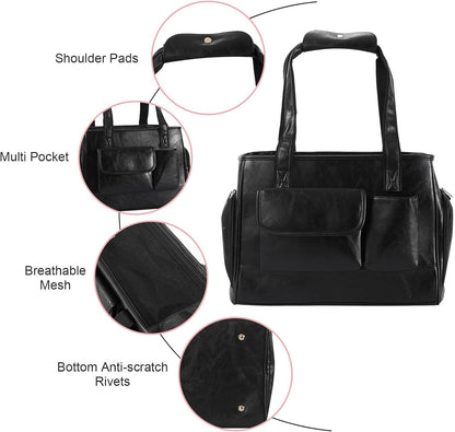 Dog Carrier Purse, Fashion Leather Pet Carrier Bag, Airline Approved Soft Sided Cat Travel Tote Bag with Pockets Black