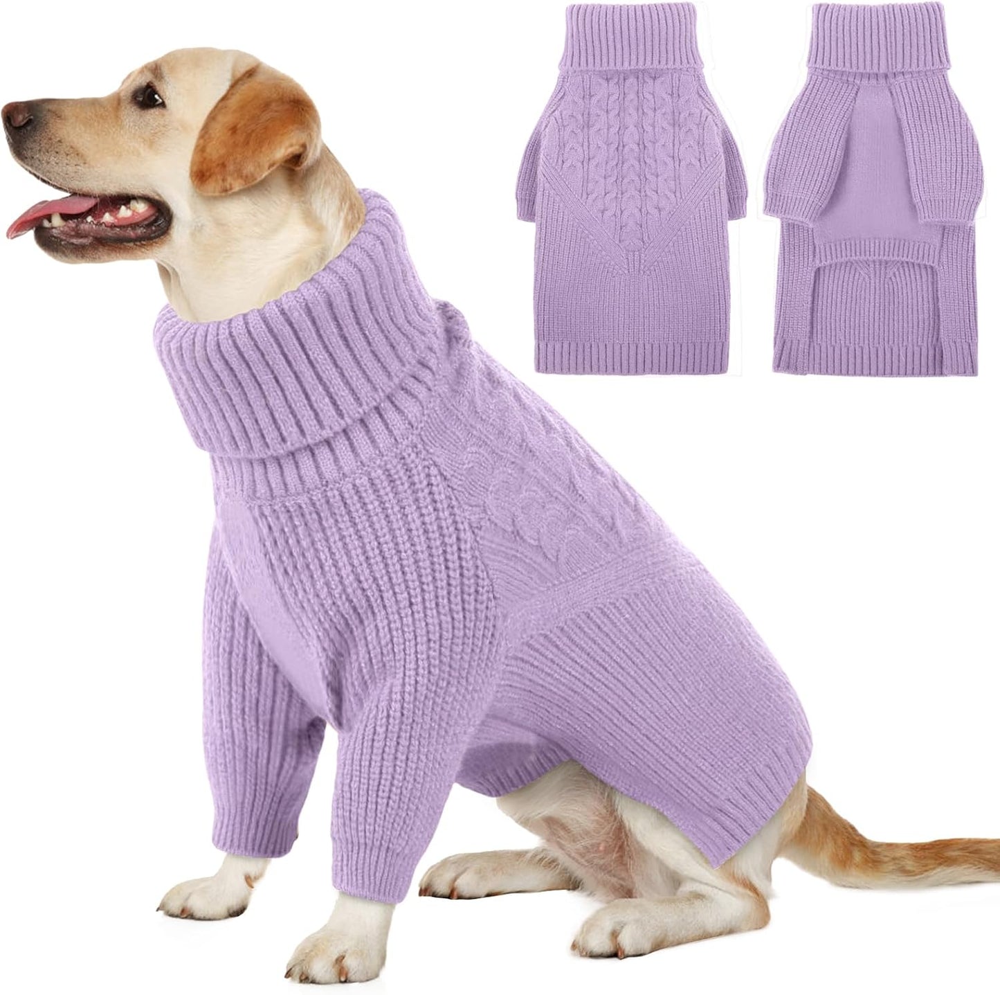 Queenmore Dog Sweater, Puppy Sweater for Small Dogs,Warm Winter Fall Dog Sweaters for Dog Girls Boys, Solid Turtleneck Knit Sweater for Large Medium Dogs,Long Sleeves Christmas Dog Sweater Lilac,L