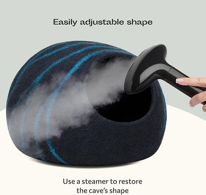 MEOWFIA Cat Cave – Premium Felt Cat Bed for Indoor Cats, Handmade 100% Merino Wool (Large, Black Aqua)