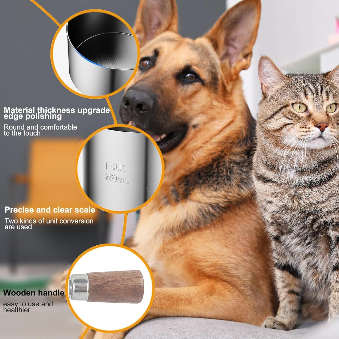 1 Cup Stainless Steel Dog Cat Food Measuring Scoop for Dry and Wet Food, Accurate Measurement for Rice, Flour, Grain (Silver)