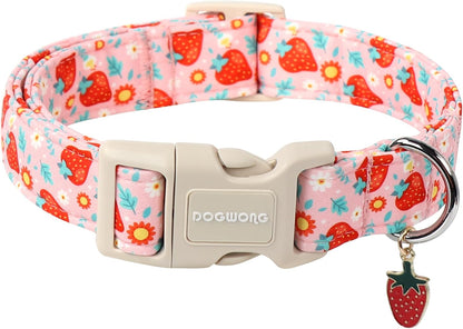 DOGWONG Cute Dog Collar- Strawberry Dog Collars Adjustable Designer Strawberry Flower Puppy Dog Collar for Small Medium Large Dogs XS