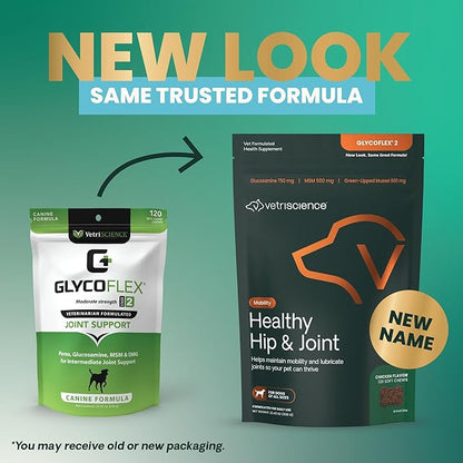 VetriScience Healthy Hip & Joint Chews, GlycoFlex Glucosamine and Green-Lipped Mussel Joint Support Supplement for Dogs, Promote Mobility and Protect Joints, Chicken, 120 Count