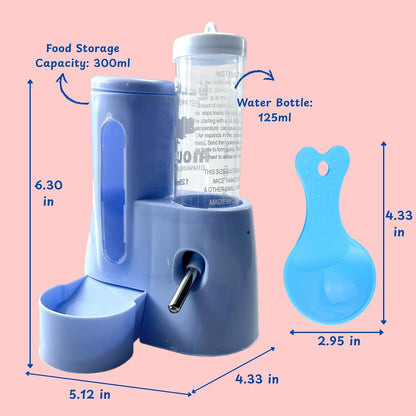 Hamster Water Bottle Stand with Food Bowl, 2 in 1 Automatic Water Bottle No Drip and Food Dispenser, Hamster Cage Accessories, Rat Enrichment Toys, Guinea Pig Accessories for Cage (Blue, 125ml)