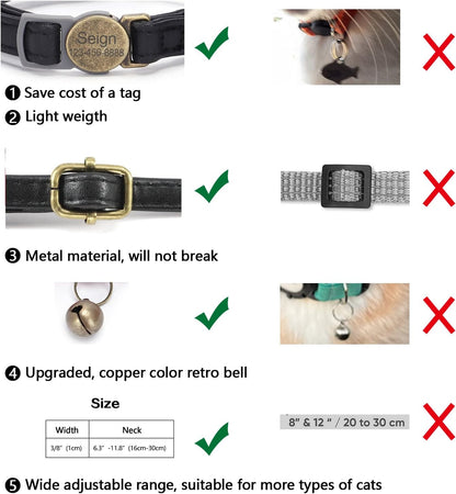 Leather Cat Collar Breakaway, Custom Cat Kitten Collar with Bells, Personalized Cat Collars with Name and Phone Number for Boy Girl Cats (Black, 6.3“-11.8“)