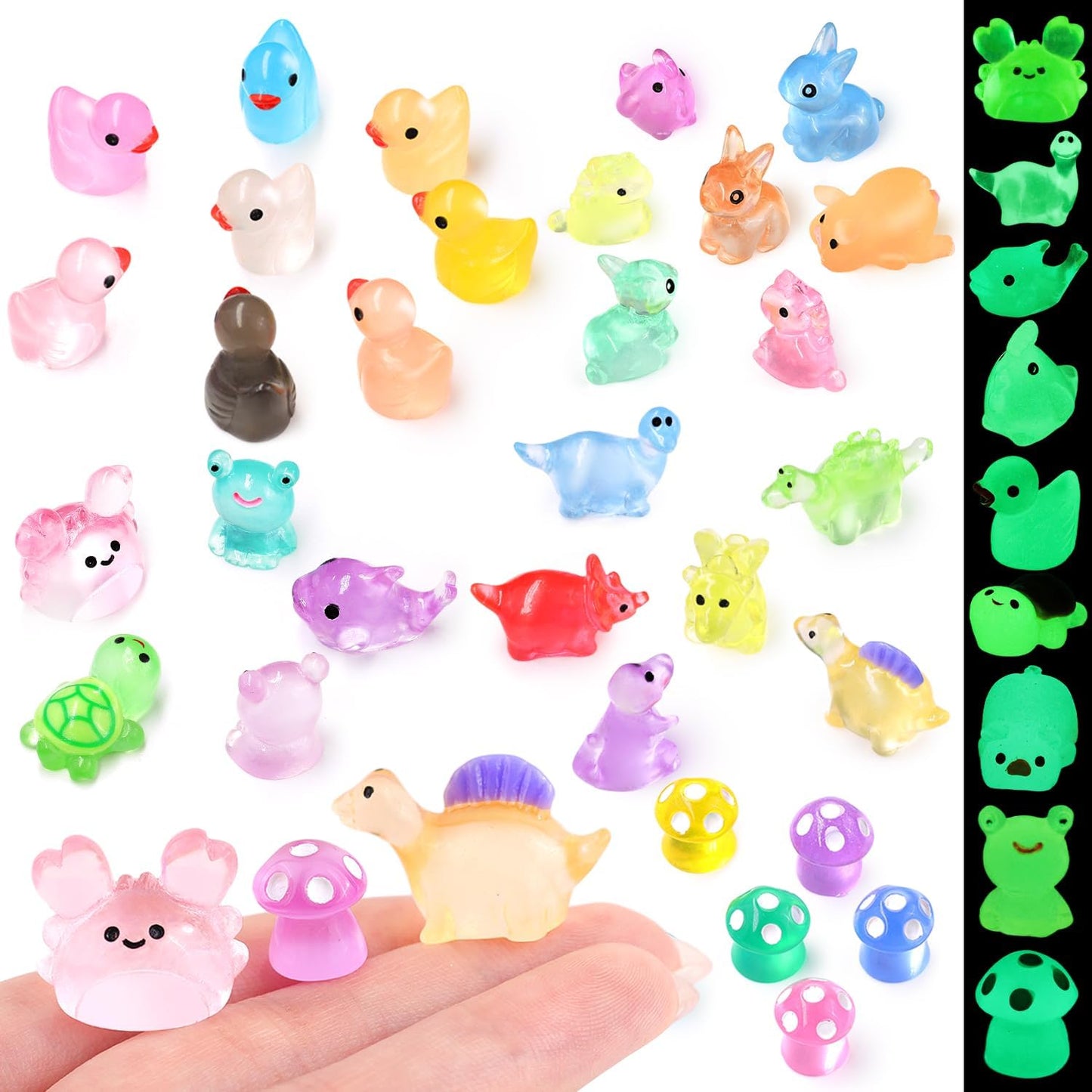 100PCS Mini Resin Animals Tiny Cute Figurines Glow in Dark, Miniature Figures to Hide, Little Animal Toys Small Accessories for Topper Desk Garden Dollhouse Landscape Aquarium Ornaments Crafts & Decor