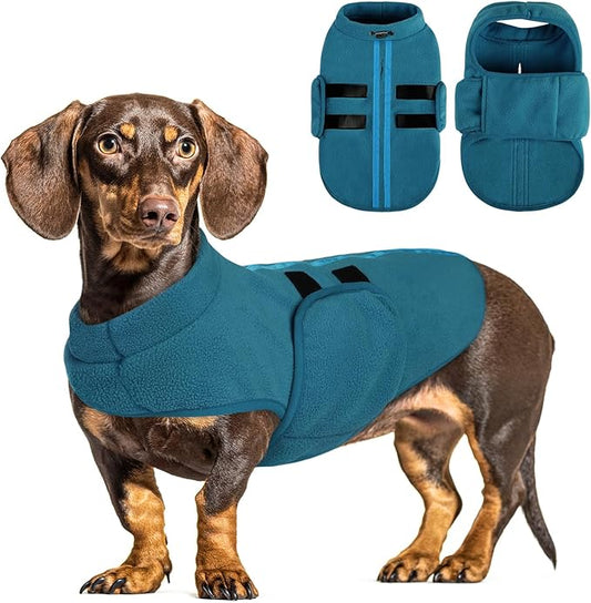 Queenmore Small Dog Sweater, Soft Fleece Vest Pullover Jacket With Leash Hole, Warm Winter Clothes for Cold Weather, Dachshund Sweater for Small Dogs Cats Boy or Girl (Peacock-Blue, XS)
