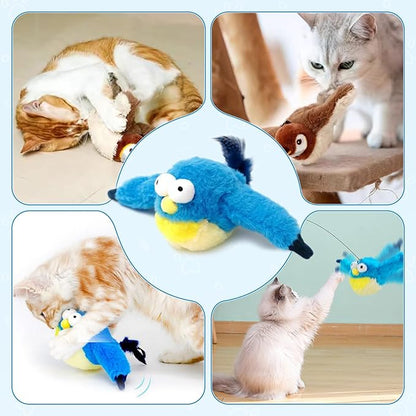Interactive Chirping Bird Cat Toys with Flapping Wings, 2025 New Flying Birds Cats Toy, Flying Simulation Electric Sparrow Shaking Hunting Pet Toy for Indoor (Blue)