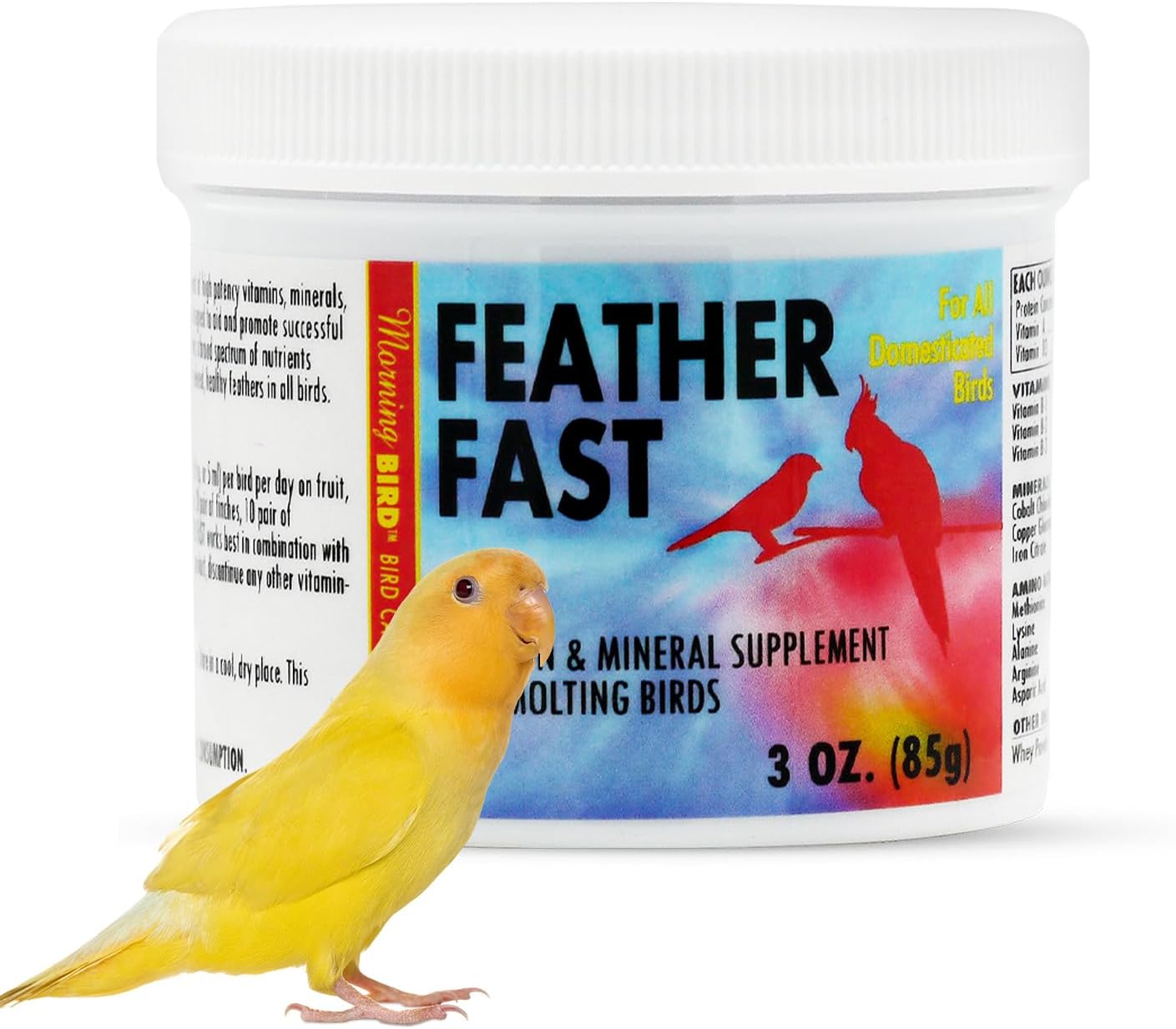 Morning Bird Feather Fast 3 Oz – Multi-Vitamin During Molt - Molting Support Supplement for Birds – Amino Acid & Vitamin Powder Formula– Promotes Feather Growth, and Full Plumage – for All Adult Birds