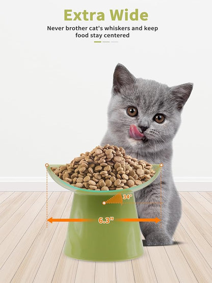 LoeJan Elevated Cat Feeder Set, Extra Wide and Raised Ceramic Bowls, Anti-Vomit Whisker-Free Cat Bowl for Kittens to Adult Cats - Green, Extra Wide and Raised