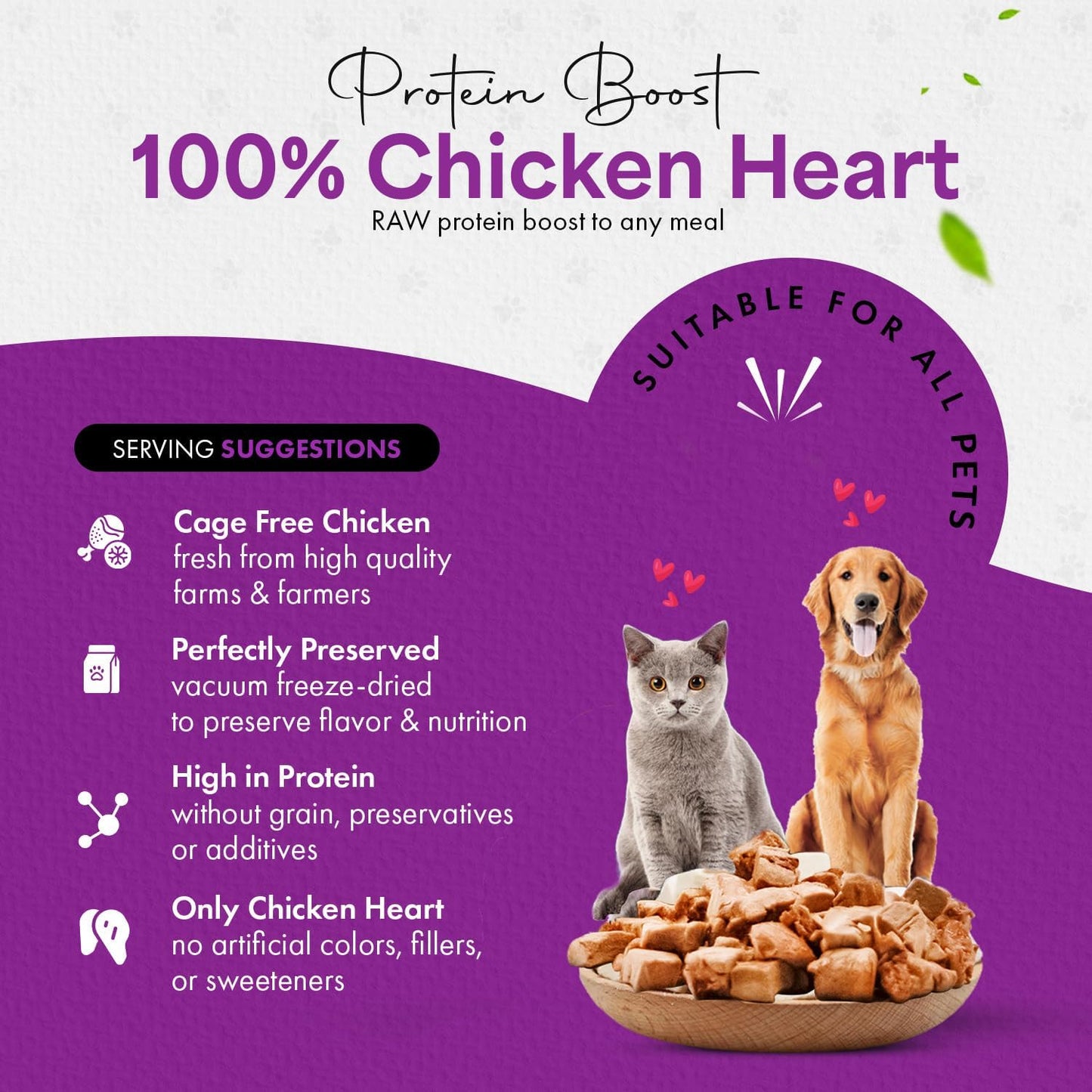 Freeze-Dried Chicken Heart Treats for Cats & Dogs – 100% Human Grade, Single Ingredient, High-Protein, Healthy Snack – No Additives or Preservatives – 2.6oz - Inspected & Tested in USA