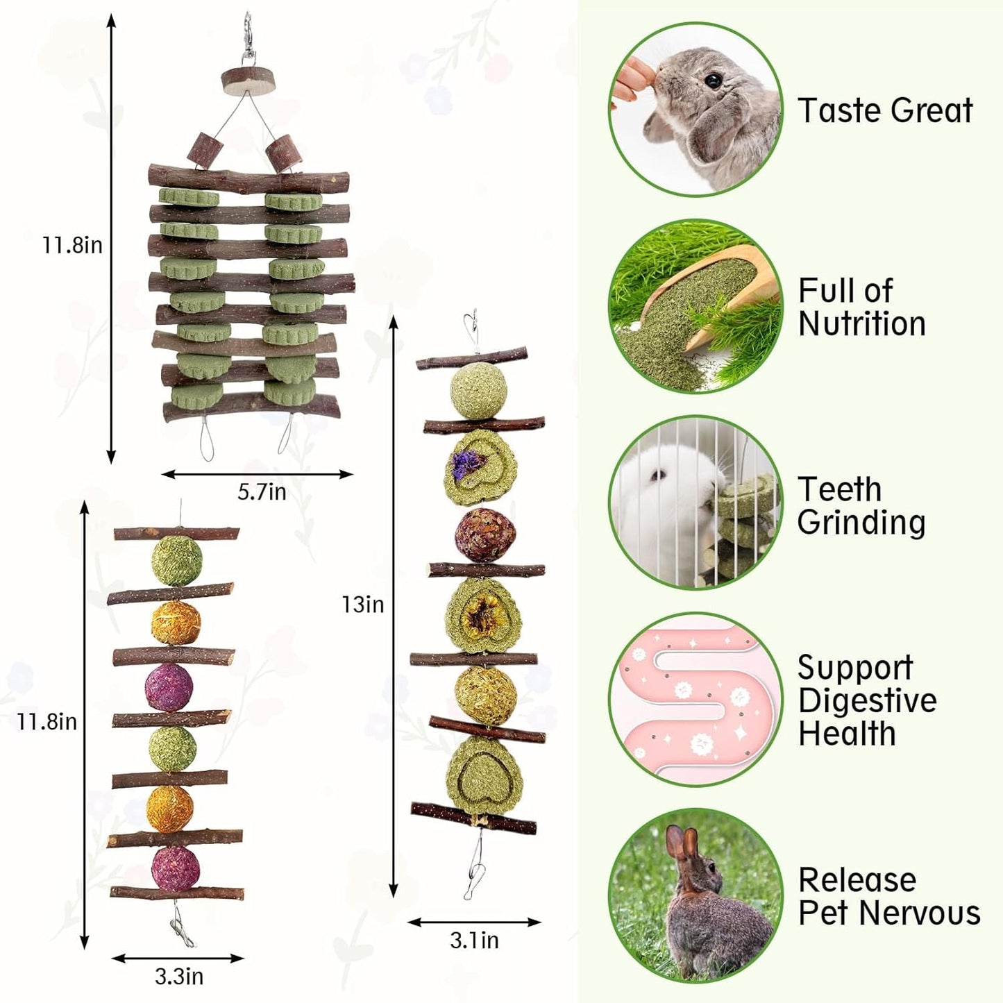 Hamiledyi Bunny Chew Toys Rabbit Hanging Toys for Teeth Grinding Rabbit Toys Natural Fruit Sticks Timothy Grass Cakes Chew Toys and Treats Improve Dental Health for Guinea Pig Hamster Chinchilla