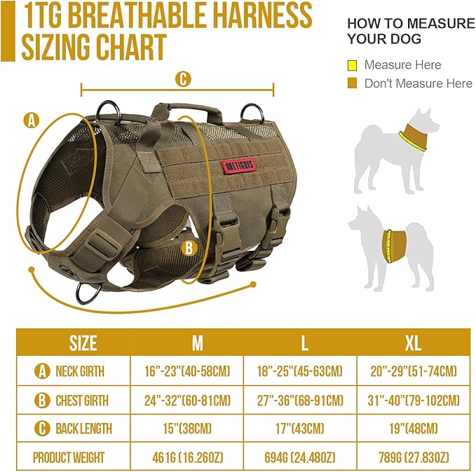 OneTigris No Pull Tactical Dog Harness for Medium Dog, Aire Mesh Dog Vest Harness, Breathable Military Molle Vests with Handles, Service Dog Vest for Walking Hiking Training (M, Brown)