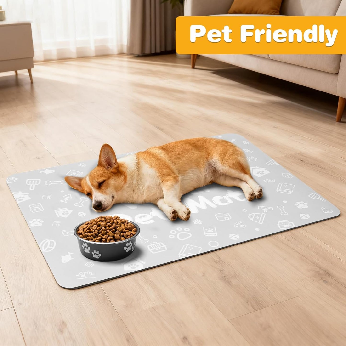 Pet Feeding Mat,Dog Cat Mat for Food and Water,Dog Bowl Waterproof Placemat with Rubber Backing,Absorbent Quick Dry Water Dispenser Mat for Pet（Light Gray 12"×18"）