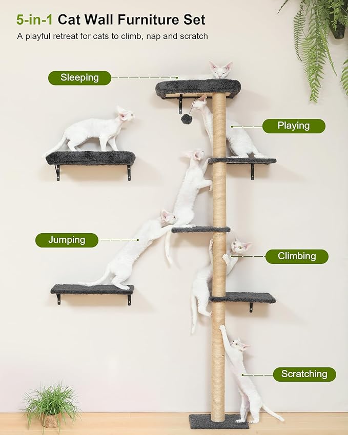 FUKUMARU Cat Wall Shelves, Stable Wall Mounted Cats Furniture Set, Kitten Scratching Post with Soft Cushion Perch, Space Saving Climbing Wall for 16 Inch Drywall - Gray