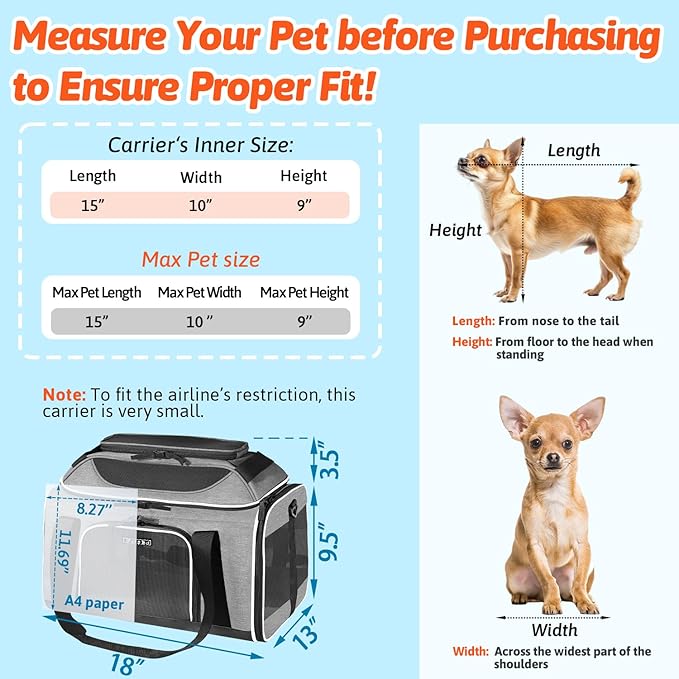 Petskd Top-Expandable Pet Carrier 18x13x9.5 Inches Southwest Airline Approved, Soft-Sided Carrier for Small Cats and Dogs with Locking Safety Zippers and Anti-Scratch Mesh(Grey)