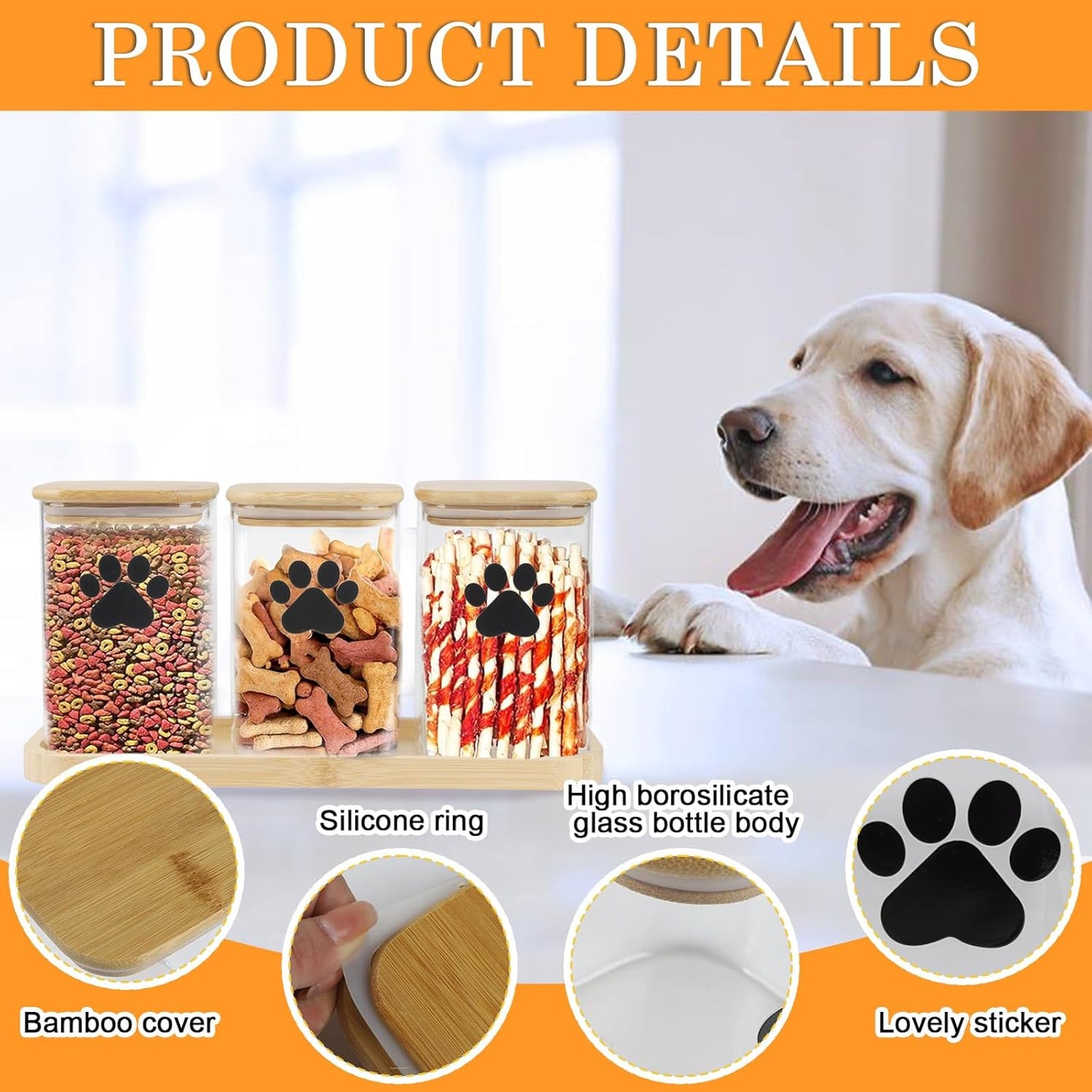 Dog Treat Container Airtight, 37oz Glass Dog Food Storage Set of 3, Pet Food Storage with Bamboo Lid, Small Pet Treat Canister,Puppy Food Bin for Kitchen Counter,Freshness Seal-Clear
