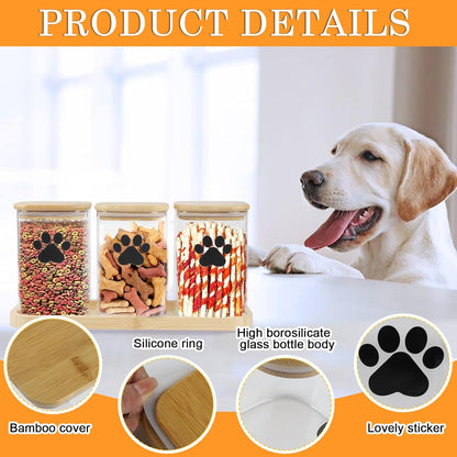 Dog Treat Container Airtight, 37oz Glass Dog Food Storage Set of 3, Pet Food Storage with Bamboo Lid, Small Pet Treat Canister,Puppy Food Bin for Kitchen Counter,Freshness Seal-Clear