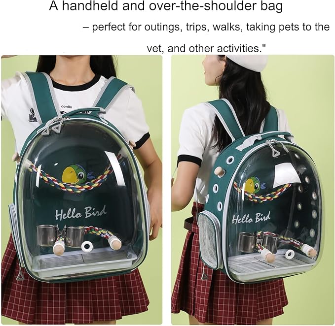 Bird Traval Carrier Cage, Multi Vent Holes Clear Space Capsule Astronaut Backpack to Carry Parakeet Cockatiel Parrot with Metal Tray Wood Perch, Vet Transport Book Bag (Green) (GREEN1)