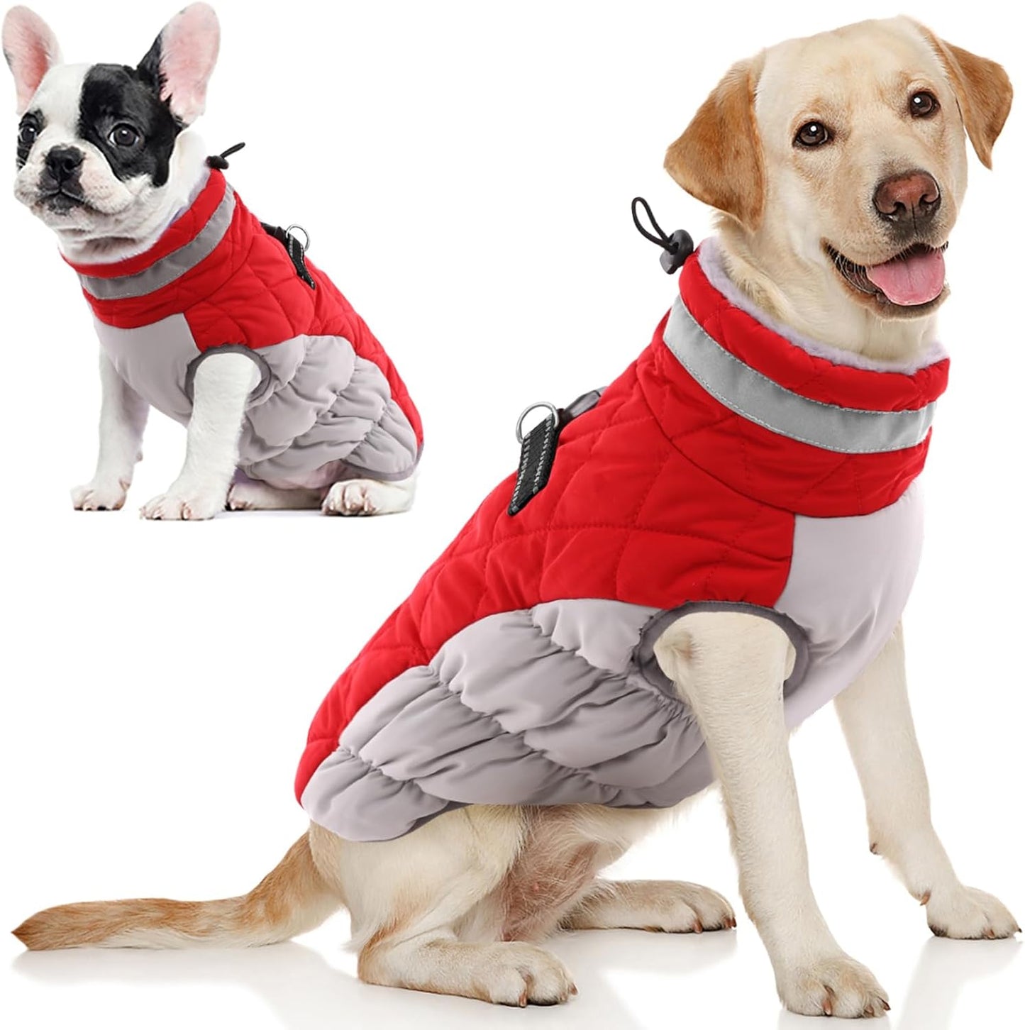 AOFITEE Dog Coat, Warm Dog Winter Coat, Reflective Cold Weather Dogs Puffer Jacket with Harness Built in, Waterproof Pet Fleece Vest Snowsuit for Small Medium Large Dogs, Christmas Red L