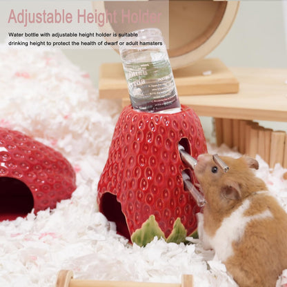 Hamster Water Bottle, Strawberry Ceramic Hamster Gerbil Water Bottle for Glass Tank, Dispenser, 80ML Bottle for Water Holder Stand with 2 No Drip Caps for Syrian Mice, Gerbil