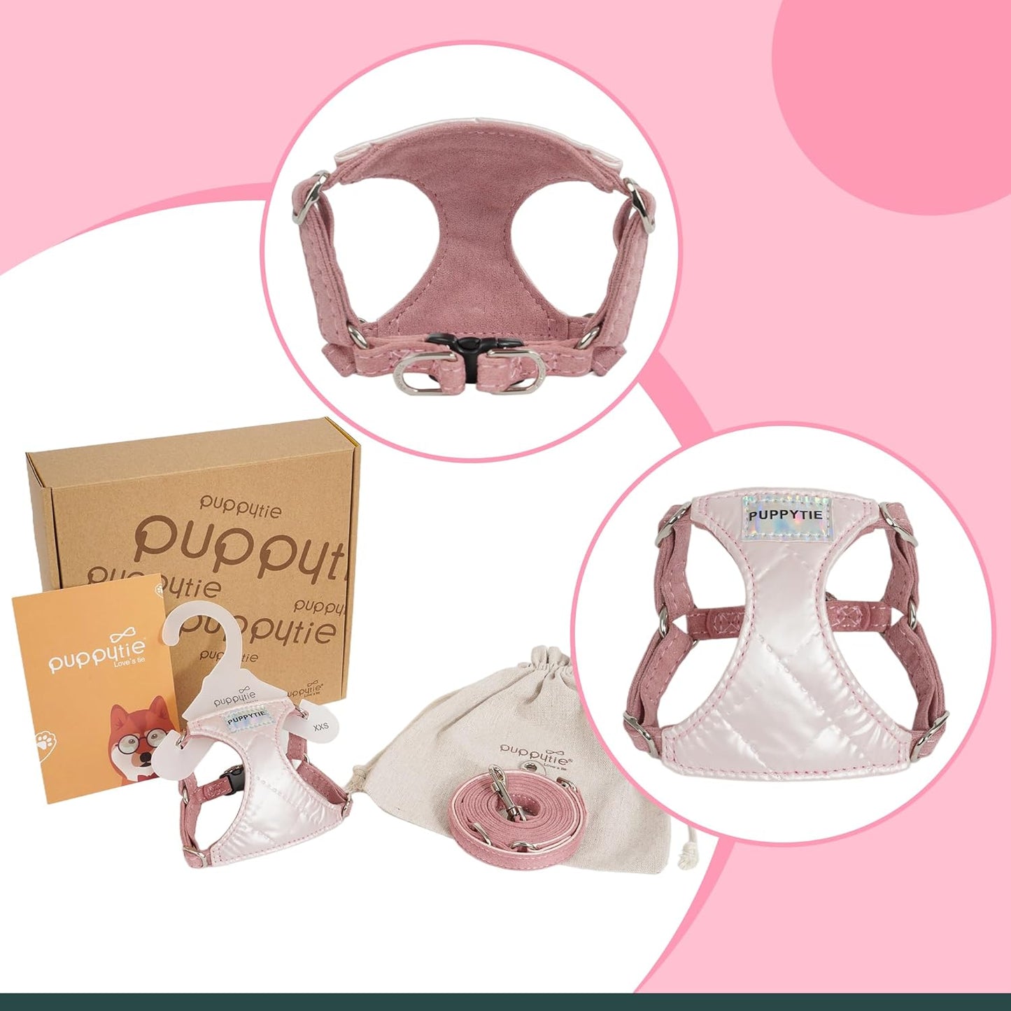 Puppytie No Pull Small Dog Harness with Multifunction Dog Leash,Lightweight Soft Adjustable No Choke Escape Proof Pet Harness Vest Pet Harness Vest,Glossy Pink,S