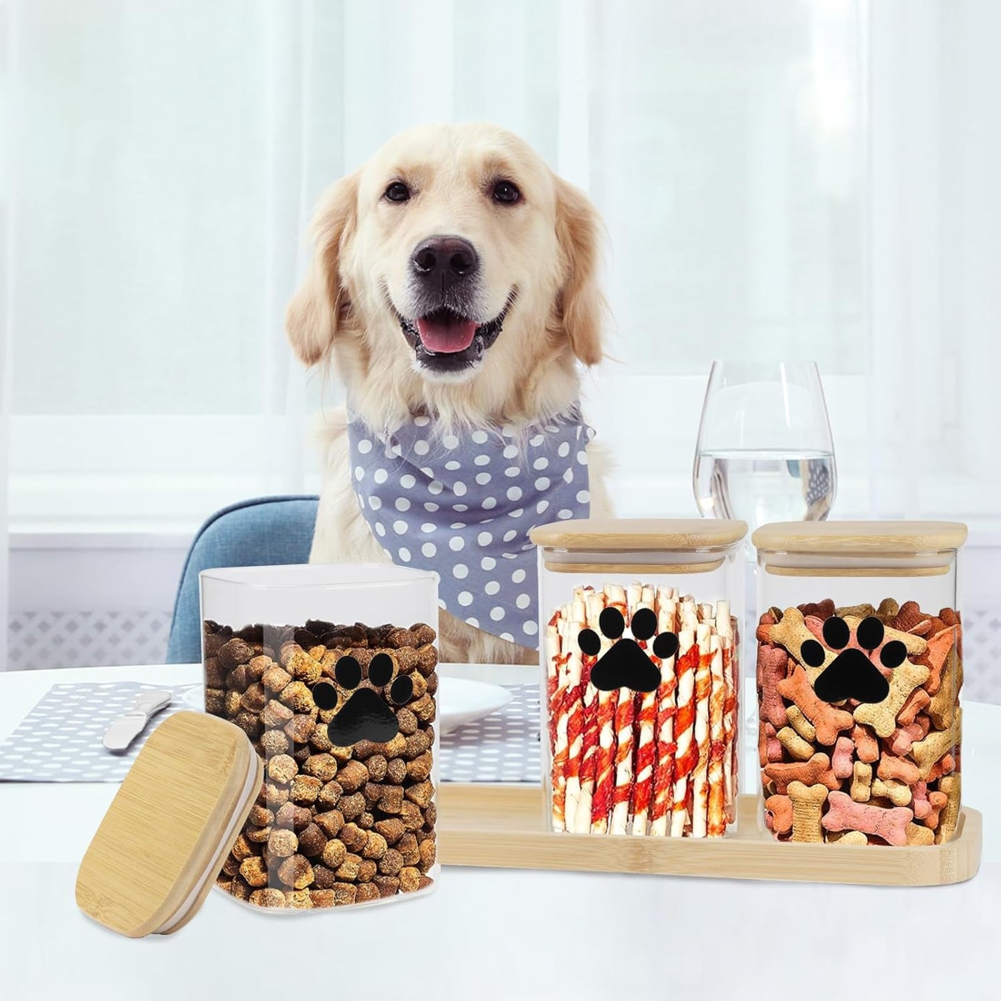 Dog Treat Container Airtight, 37oz Glass Dog Food Storage Set of 3, Pet Food Storage with Bamboo Lid, Small Pet Treat Canister,Puppy Food Bin for Kitchen Counter,Freshness Seal-Clear