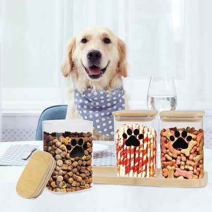 Dog Treat Container Airtight, 37oz Glass Dog Food Storage Set of 3, Pet Food Storage with Bamboo Lid, Small Pet Treat Canister,Puppy Food Bin for Kitchen Counter,Freshness Seal-Clear