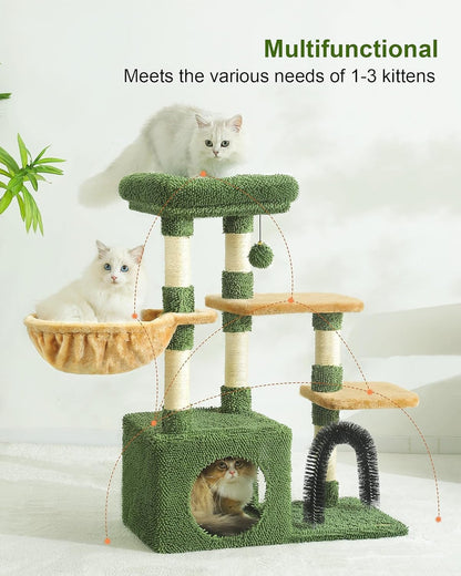 HOOPET 32IN Cactus Cat Tree for Indoor Cats - Multi-Level Cat Tower with Hammock, Condo, Scratching Posts, Self-Grooming Brush & Play Ball - Space-Saving Cat Furniture for Small Apartments