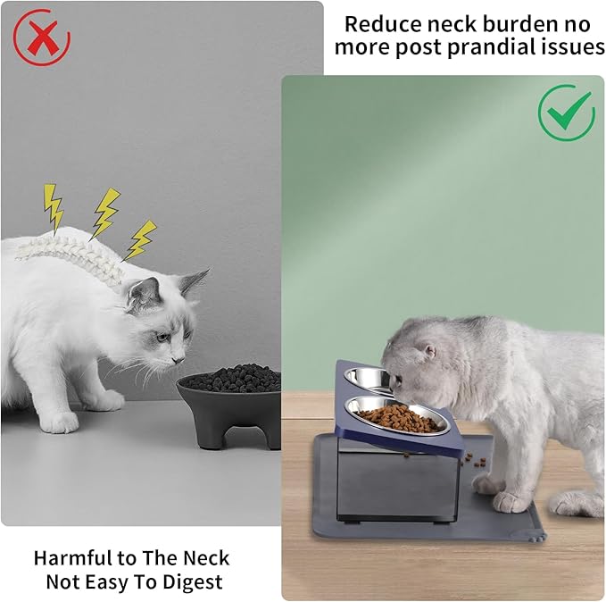 Upgraded Elevated Cat Bowls with Food Mat,15°Tilted Stand Anti Vomiting Raised Cat Dishes for Food and Water,2 Stainless Steel Bowls for Cats and Puppies（Navy Blue）