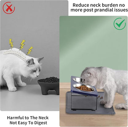 Upgraded Elevated Cat Bowls with Food Mat,15°Tilted Stand Anti Vomiting Raised Cat Dishes for Food and Water,2 Stainless Steel Bowls for Cats and Puppies（Navy Blue）