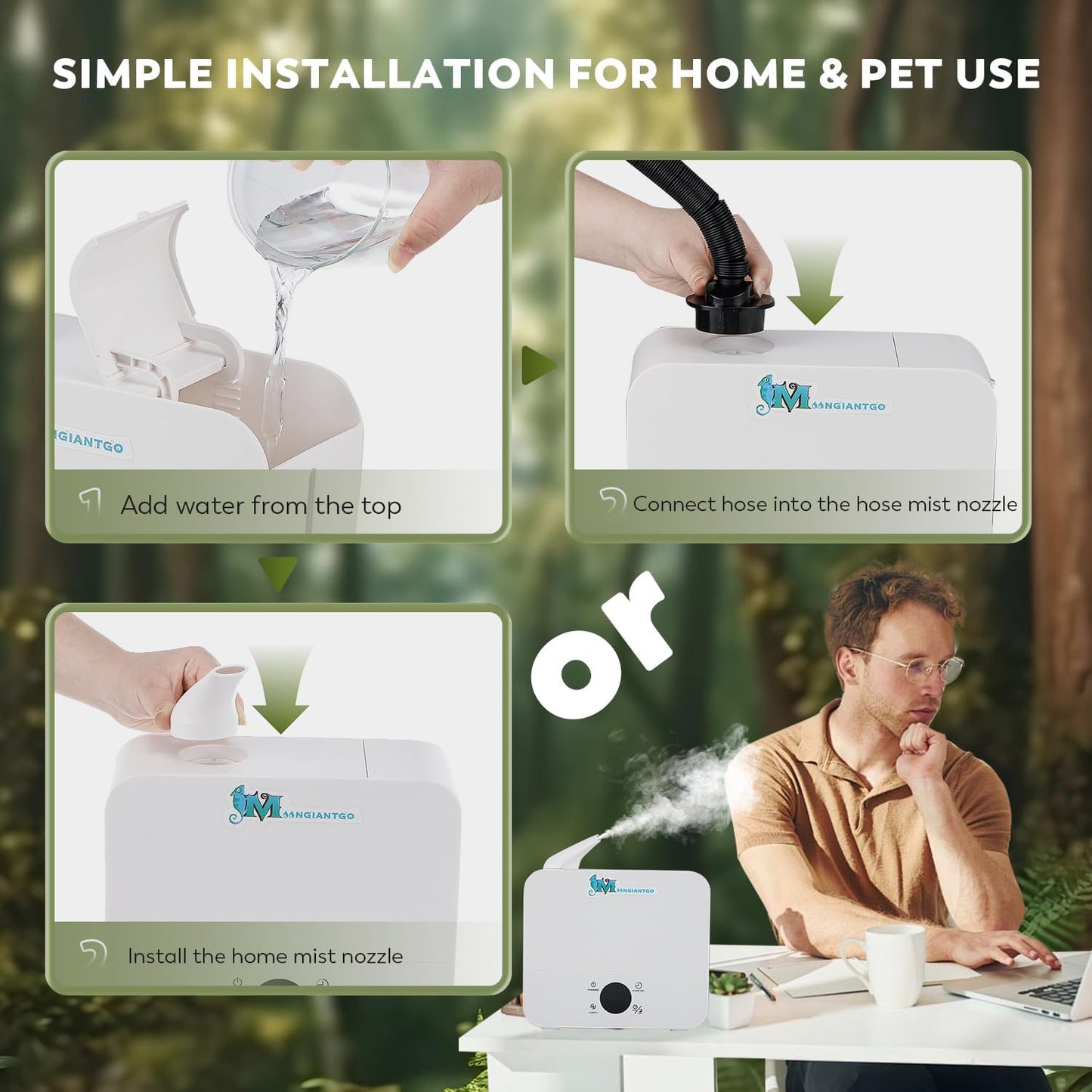 Moongiantgo Reptile Humidifier with Humidity Control, 3 Gears Adjustable Fog, Timing Function, Reptile Terrarium Fogger with 2.5L Tank and Extended Hose for Reptiles Lizard Gecko Snake Plants