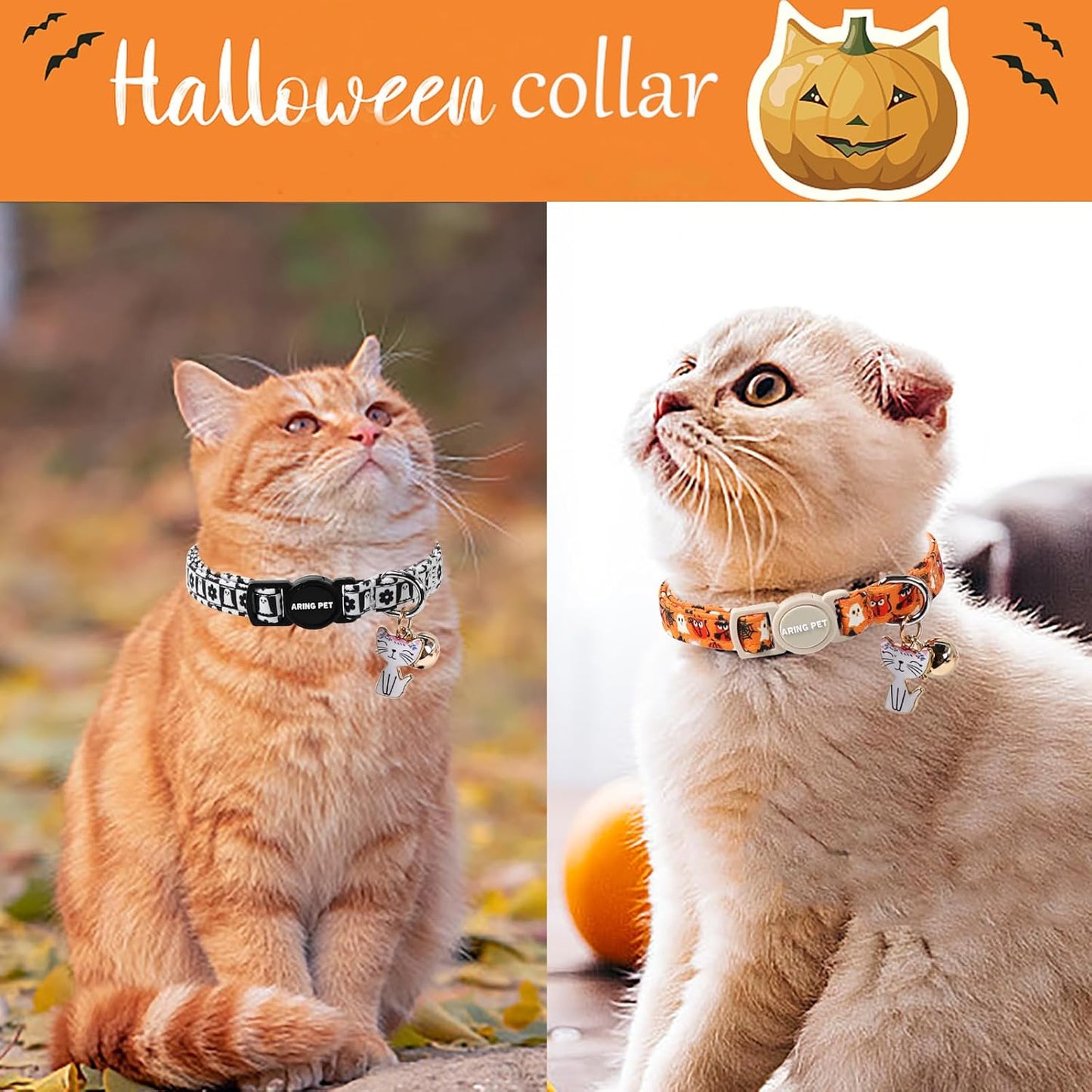 ARING PET 2 Pack Halloween Cat Collars, Breakaway Orange Black White Cotton Kitten Collar with Bells for Girl Boy Cats Ghost Spider Web