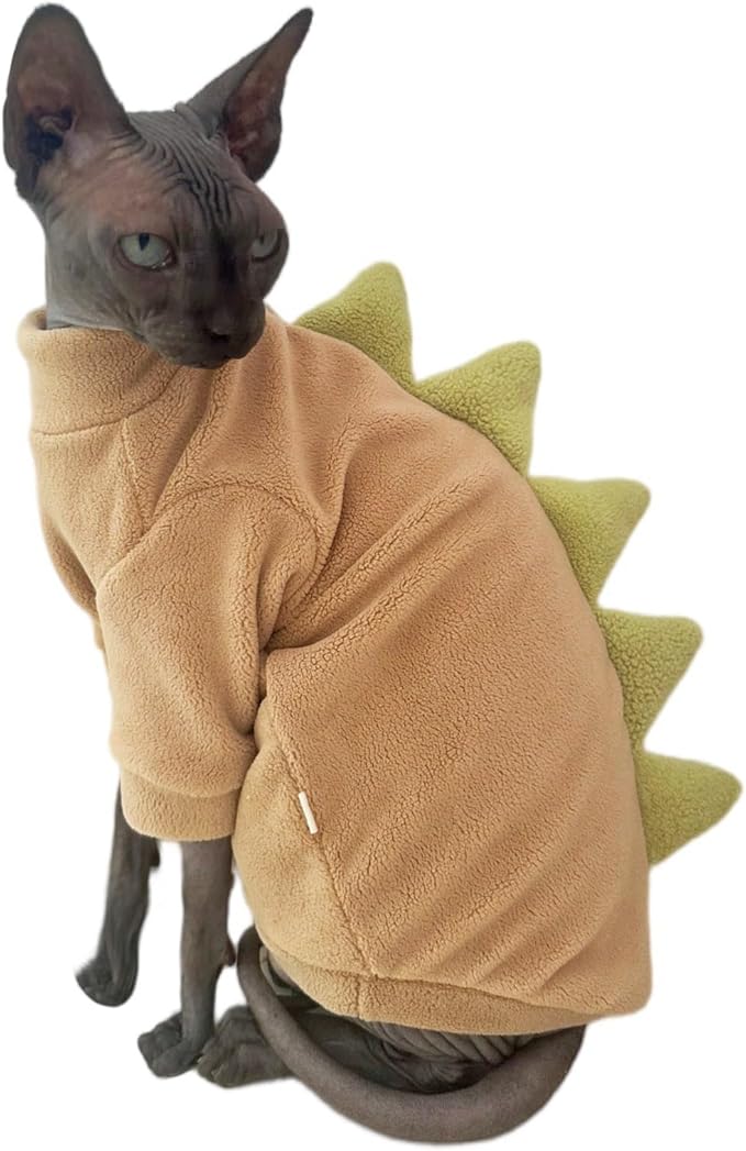 Dinosaur Sphynx Cat Clothes, Soft Polar Fleece Sweater for Cat, Elastic Pet Clothes Thick Winter Warm Outfit for Hairless Cat, Devon, Cornish, Small Dogs Apparel with Sleeves (Khaki, XX-Large)