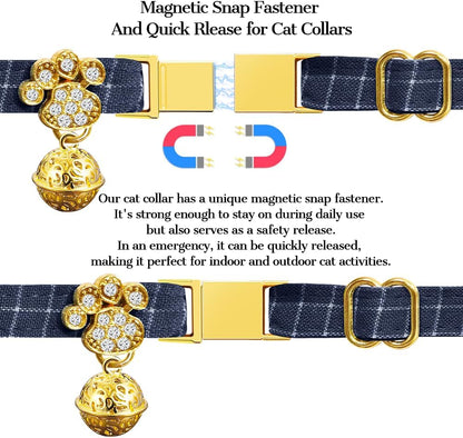 Personalized Breakaway Cat Collars - Magnetic Buckle, Bell - Safety Quick Release, Customized for Girls & Boys Cats- (Checkered-Navy)
