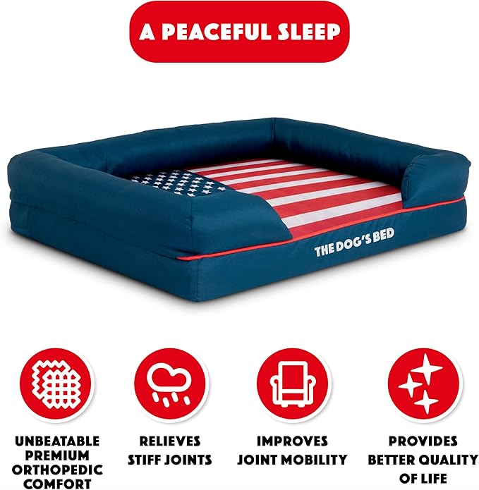 The Dog’s Bed, Medium Blue Oxford with Red Trim USA Flag Dog Bed with Central Flag, Memory Foam, Pain Relief, Post Surgery, Waterproof Washable Cover