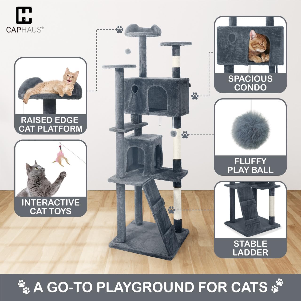 CAPHAUS Cat Tower for Indoor w/Cat Wand Toy, Modern Cute 74-Inch Cat Tree w/Widened Perch for Large Cats Kittens, Multi-Level Cat Activity Tree w/Scratching Posts, Tunnel, Basket, Cat Cave Condo