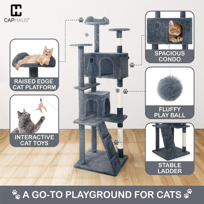 CAPHAUS Cat Tower for Indoor w/Cat Wand Toy, Modern Cute 74-Inch Cat Tree w/Widened Perch for Large Cats Kittens, Multi-Level Cat Activity Tree w/Scratching Posts, Tunnel, Basket, Cat Cave Condo