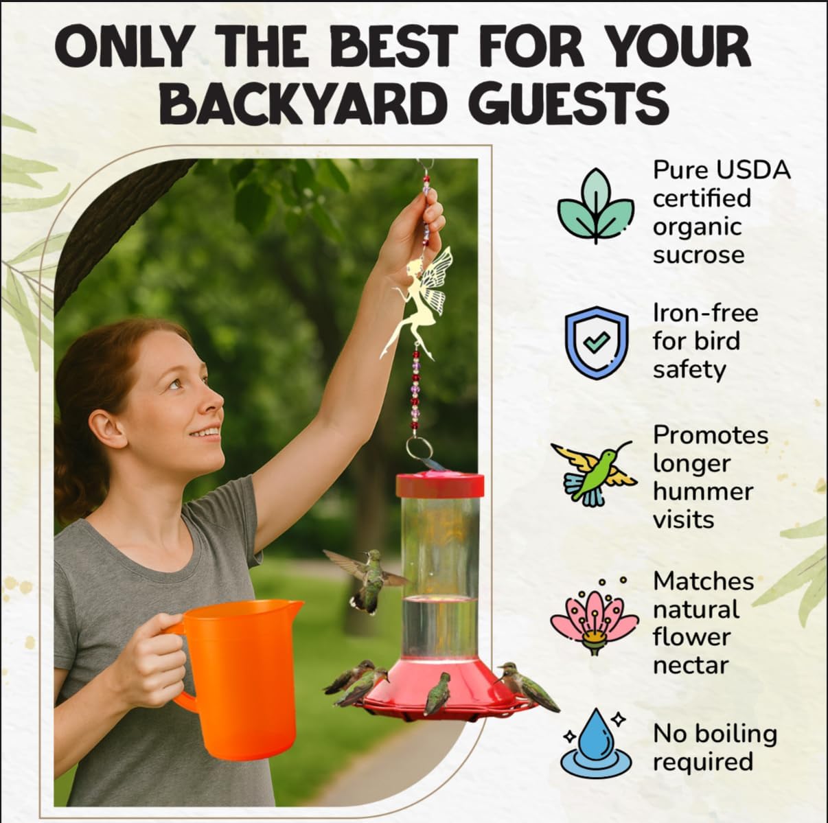 Premium USDA-Certified Organic Hummingbird Food, 8-8oz Packets of Natural Nectar, Outdoor Feeding Essentials (Without Feeder, 8 Pack)