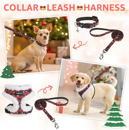 SCENEREAL Dog Christmas Harness Collar and Leash Set, Warm Fleece No Pull Puppy Vest Harnesses No Chock Adjustable Step in Small Pet Halter for Outdoor Walking Training, Black Red Plaid S