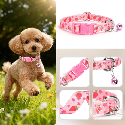 Small Dog Collar with Bell - Durable Nylon Collar for Small Breeds,Adjustable Cute Fruit Pattern Collar for Chihuahua Pomeranian Yorkie, Heavy-Duty for Active Puppies（Pink Strawberry S）