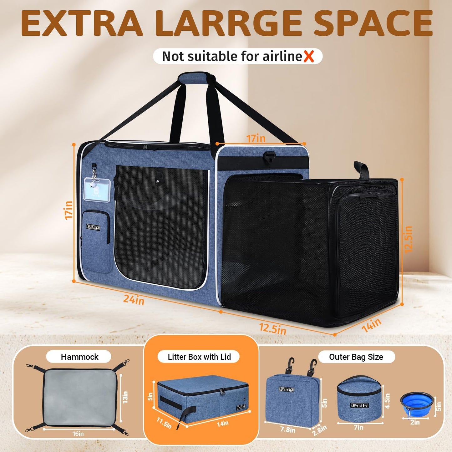 Petskd Side Expandable Extra Large Cat Carrier with Litter Box Area for Long Distance Car Travel,24"x17"x17" Collapsible Soft-Sided Large Pet Carrier with Zipper Locks for 2 Cats Under 55LBS(Blue)